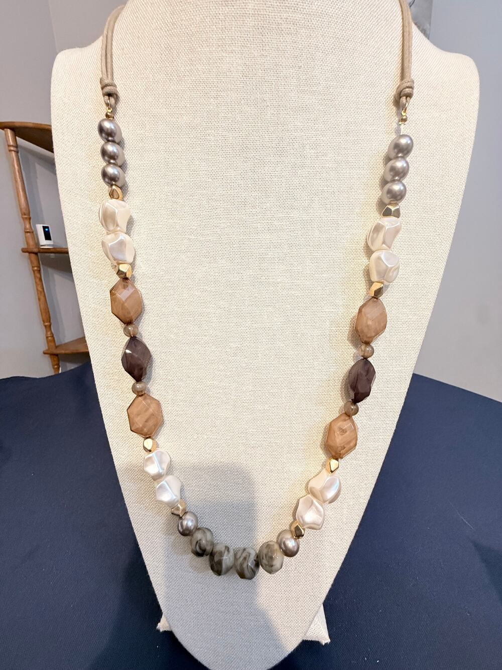 Vintage NOS 34” Neutral Acrylic Beaded Statement Necklace